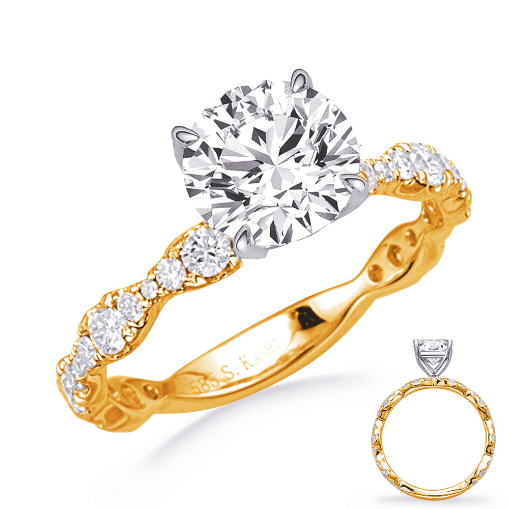 This Engagement Ring  is available in 14K Yellow & White Gold. There are a total of 32 stones. There are Rounds with a total carat weight of 0.58 set in a Prong Set setting.