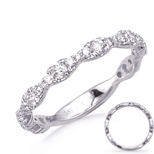 This Band is available in 14K White Gold. There are a total of 33 stones. There are Round with a total carat weight of 0.62 set in a Prong Set setting.