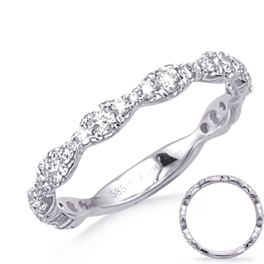 This Band is available in 14K White Gold. There are a total of 33 stones. There are Round with a total carat weight of 0.62 set in a Prong Set setting.