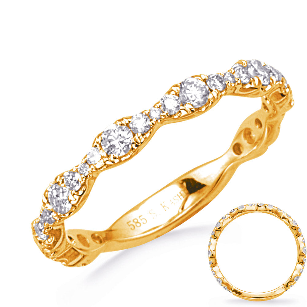 This Band is available in 14K Yellow Gold. There are a total of 33 stones. There are Round with a total carat weight of 0.62 set in a Prong Set setting.