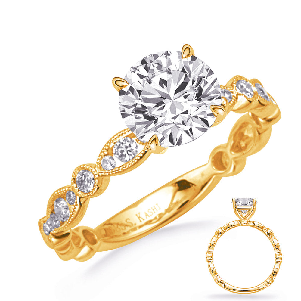 This Engagement Ring  is available in 14K Yellow Gold. There are a total of 24 stones. There are Rounds with a total carat weight of 0.44 set in a Bezel Set|Channel Set setting.