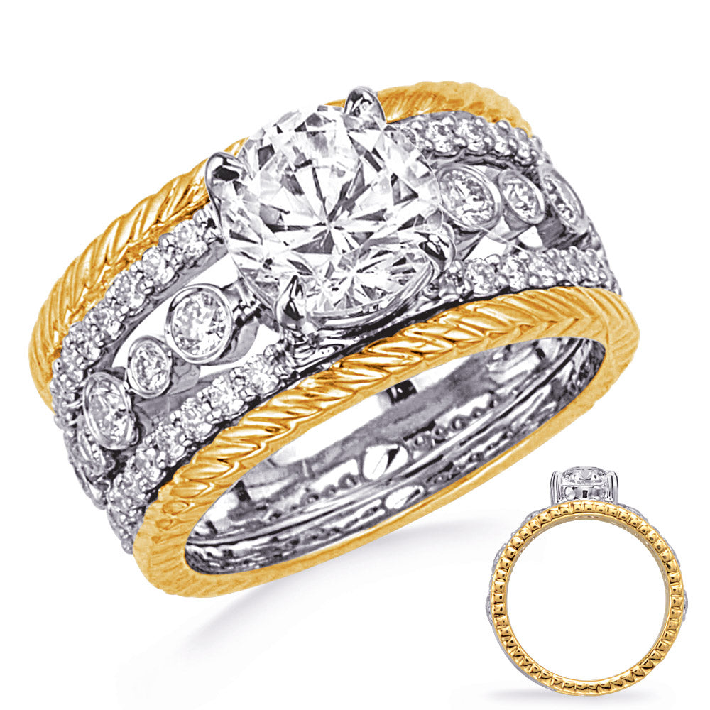 This Engagement Ring  is available in 14K Yellow & White Gold. There are a total of 46 stones. There are Rounds with a total carat weight of 0.76 set in a Bezel Set|Micro Prong setting.