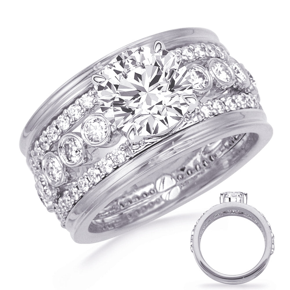 This Engagement Ring  is available in 14K White Gold. There are a total of 46 stones. There are Rounds with a total carat weight of 0.85 set in a Bezel Set|Prong Set setting.