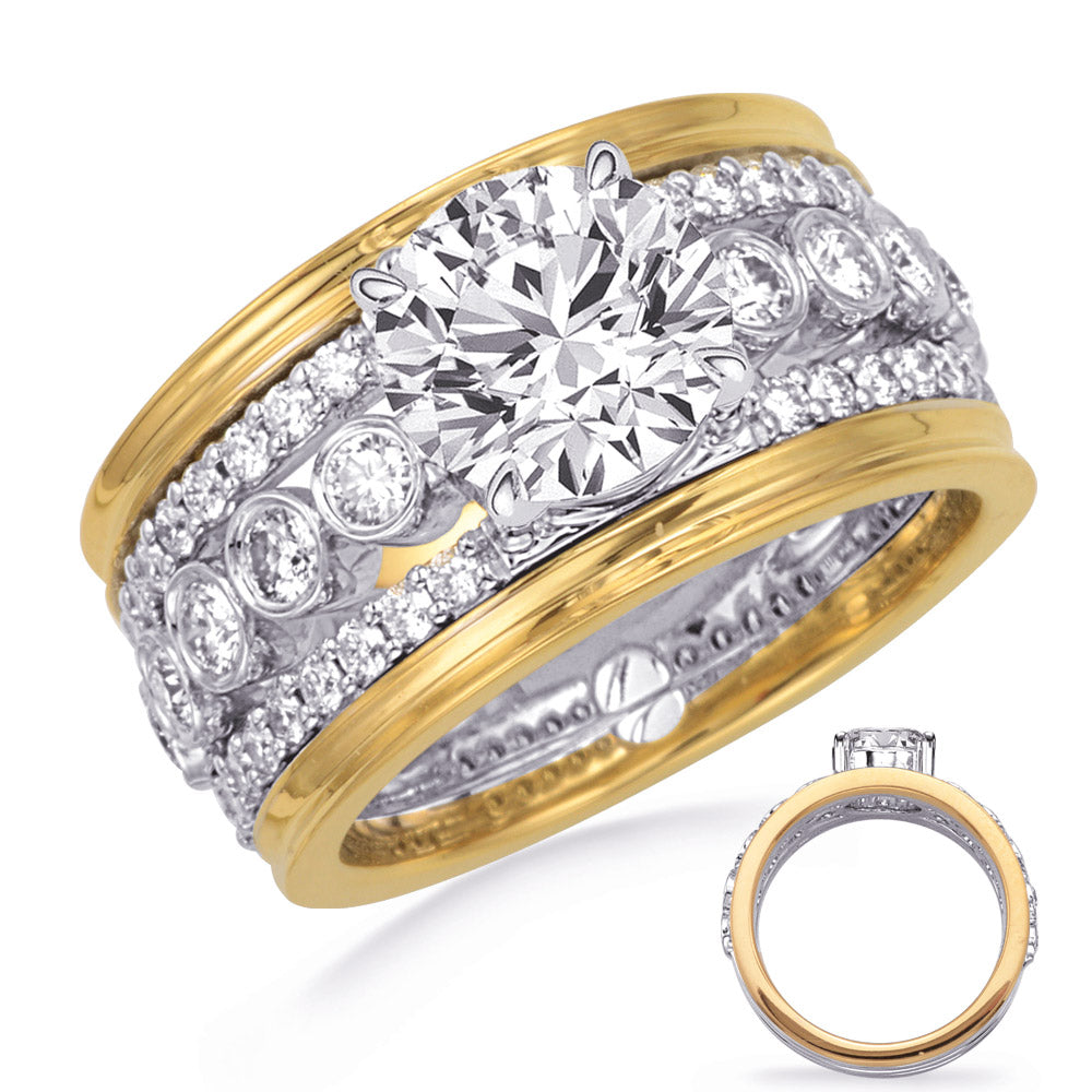 This Engagement Ring  is available in 14K Yellow & White Gold. There are a total of 46 stones. There are Rounds with a total carat weight of 0.85 set in a Bezel Set|Prong Set setting.