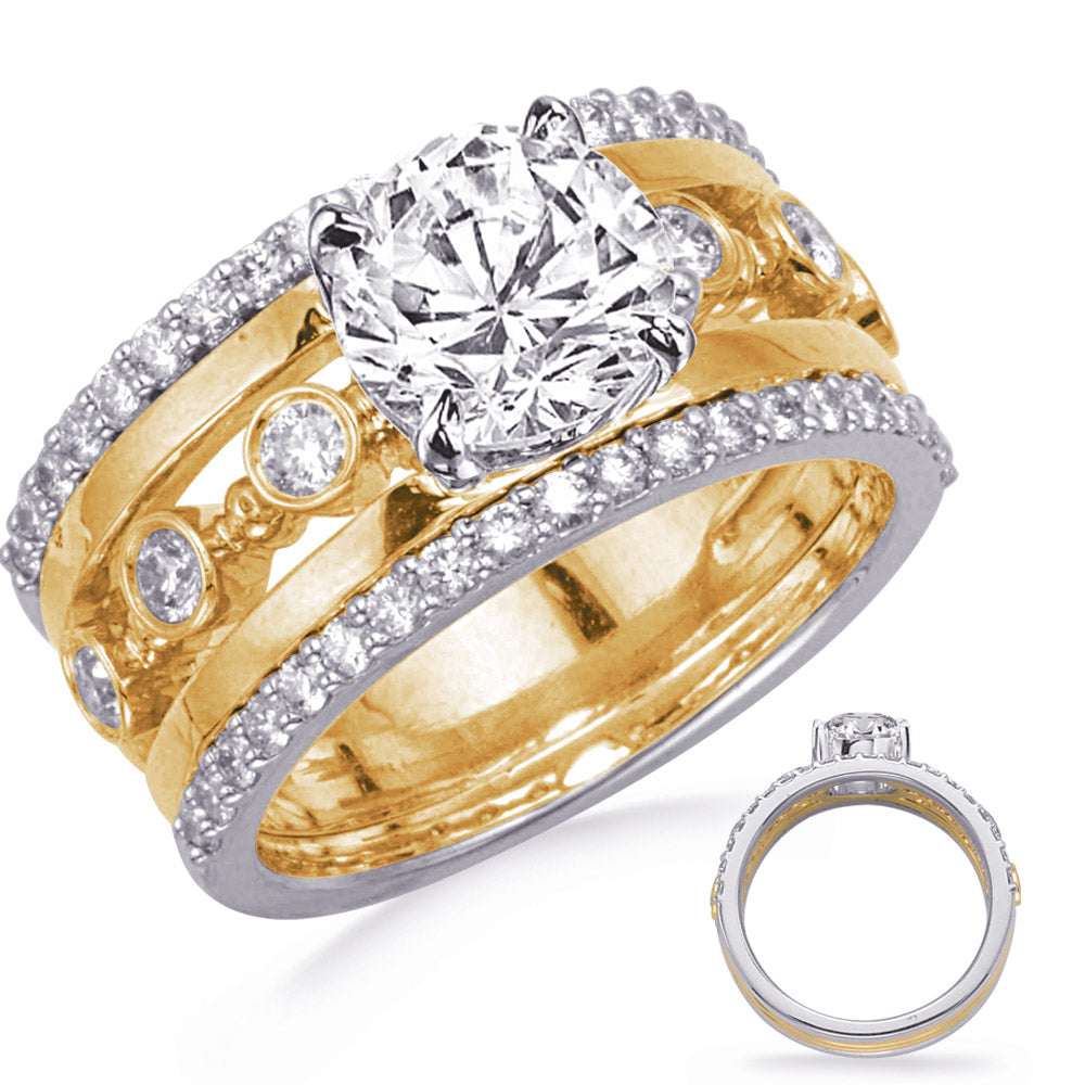 This Engagement Ring  is available in 14K Yellow & White Gold. There are a total of 46 stones. There are Rounds with a total carat weight of 0.72 set in a Bezel Set|Prong Set setting.