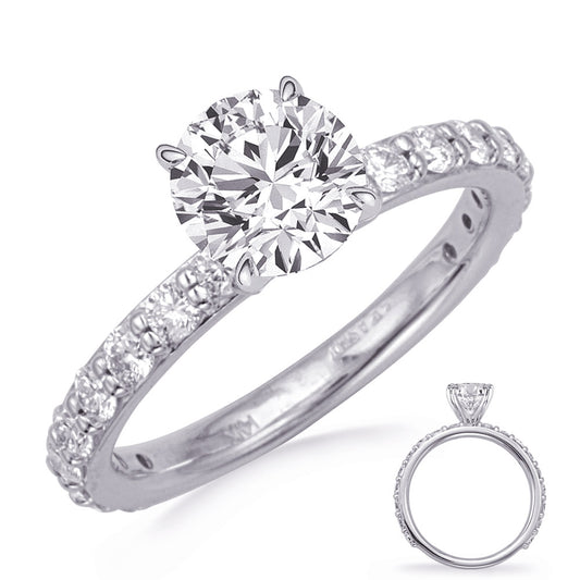 This Engagement Ring  is available in 14K White Gold. There are a total of 18 stones. There are Rounds with a total carat weight of 0.7 set in a Prong Set setting.