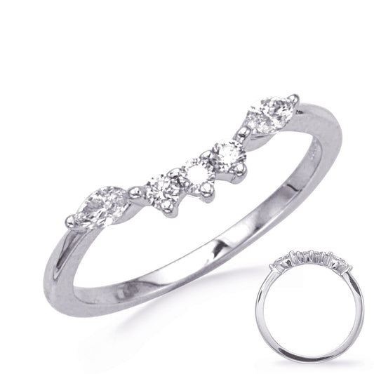 This Band is available in 14K White Gold. There are a total of 5 stones. There are Marquise with a total carat weight of 0.17 set in a Prong Set setting.There are Round stones with a total carat weight of 0.11 set in a Prong Set.