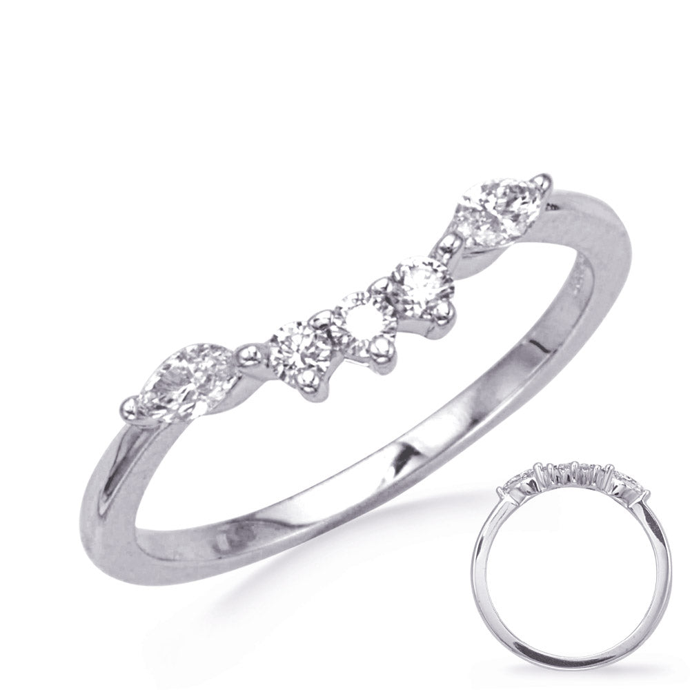 This Band is available in 14K White Gold. There are a total of 5 stones. There are Marquise with a total carat weight of 0.17 set in a Prong Set setting.There are Round stones with a total carat weight of 0.11 set in a Prong Set.