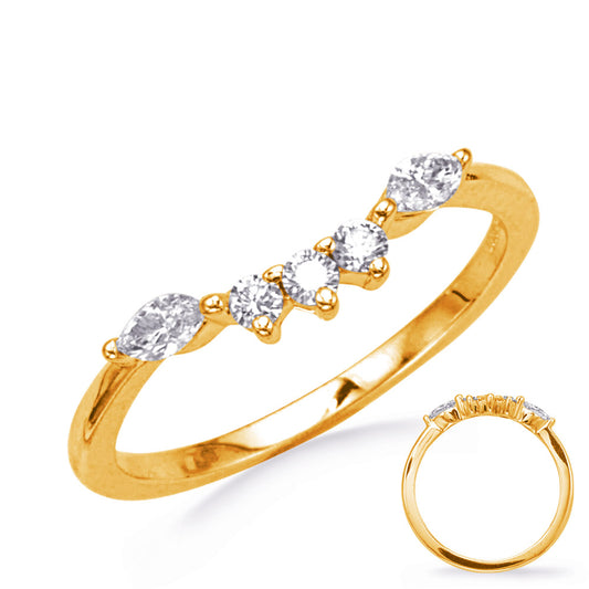 This Band is available in 14K Yellow Gold. There are a total of 5 stones. There are Marquise with a total carat weight of 0.17 set in a Prong Set setting.There are Round stones with a total carat weight of 0.11 set in a Prong Set.