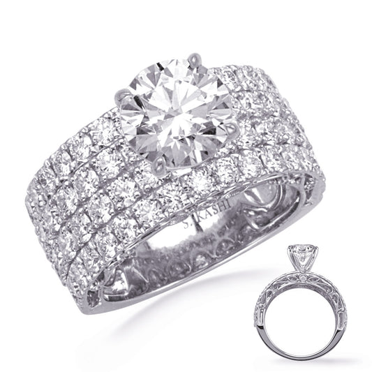 This Engagement Ring  is available in 14K White Gold. There are a total of 64 stones. There are Rounds with a total carat weight of 2.52 set in a Bezel Set|Micro Prong setting.