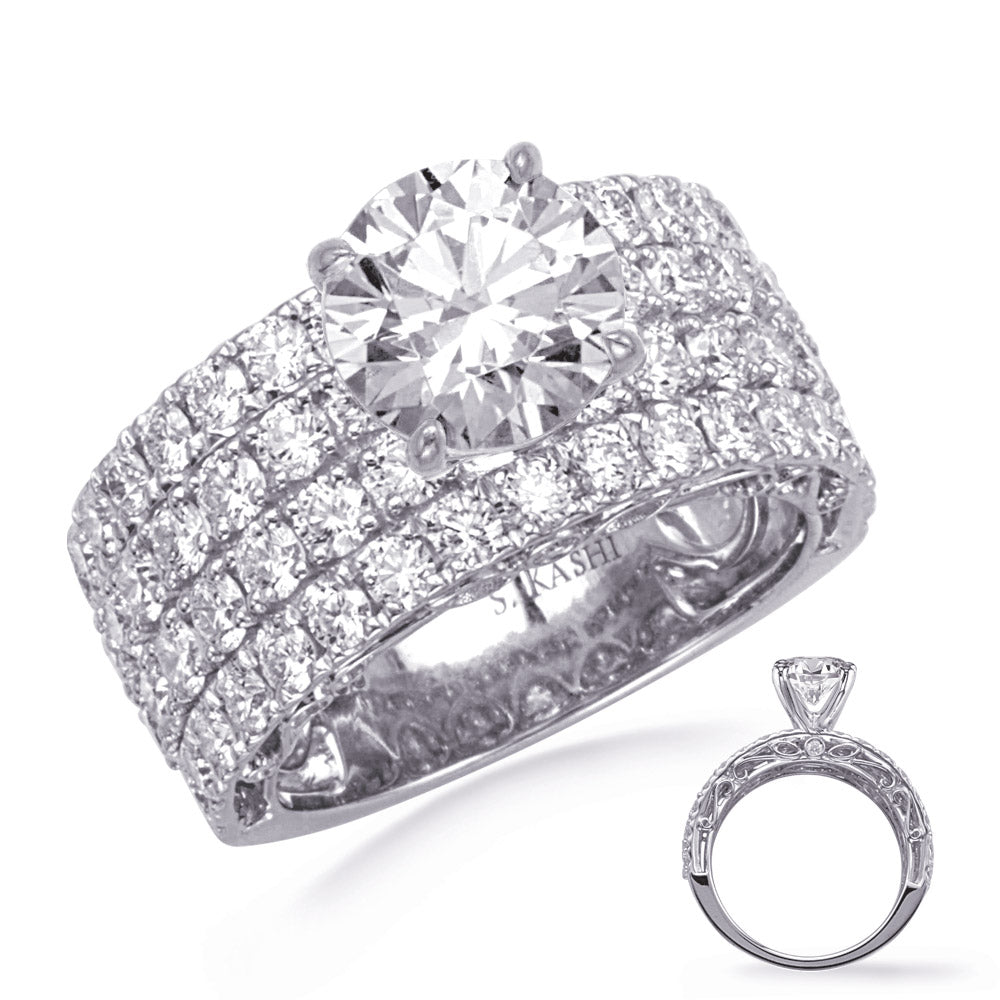 This Engagement Ring  is available in 14K White Gold. There are a total of 64 stones. There are Rounds with a total carat weight of 2.52 set in a Bezel Set|Micro Prong setting.