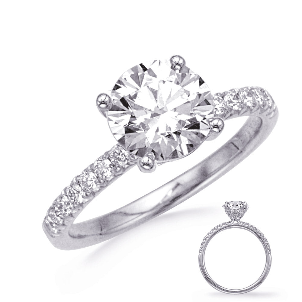 This Engagement Ring  is available in 14K White Gold. There are a total of 44 stones. There are Rounds with a total carat weight of 0.55 set in a Micro Prong setting.