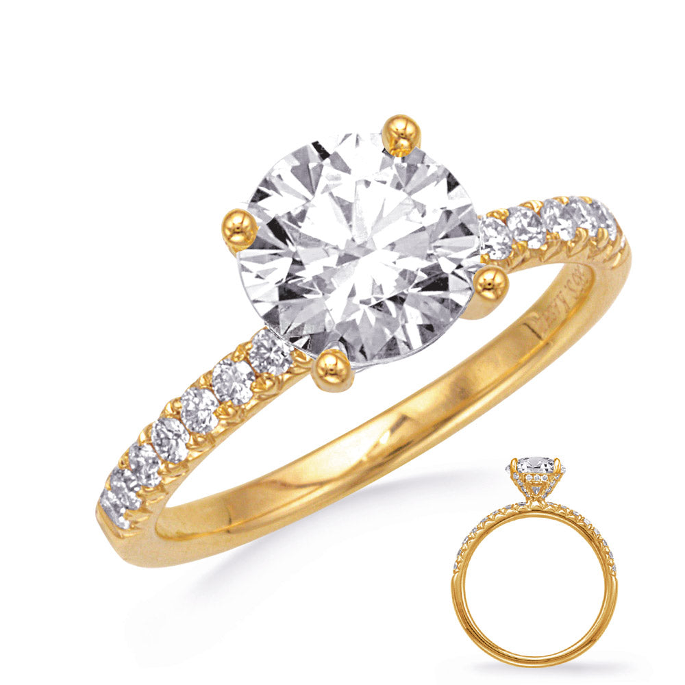 This Engagement Ring  is available in 14K Yellow Gold. There are a total of 44 stones. There are Rounds with a total carat weight of 0.55 set in a Micro Prong setting.