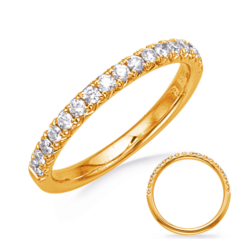 This Band is available in 14K Yellow Gold. There are a total of 17 stones. There are Round with a total carat weight of 0.43 set in a Micro Prong setting.