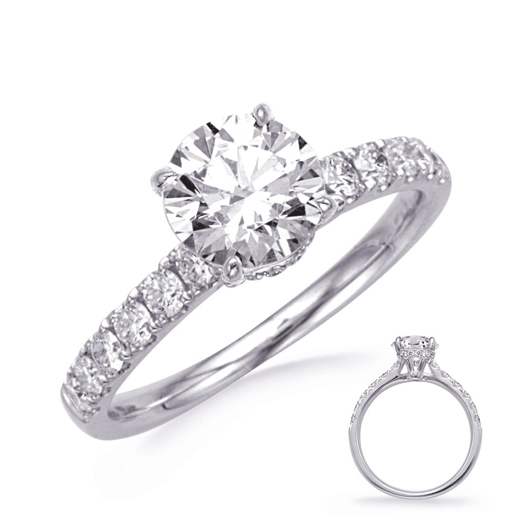 This Engagement Ring  is available in 14K White Gold. There are a total of 28 stones. There are Rounds with a total carat weight of 0.56 set in a Prong Set setting.