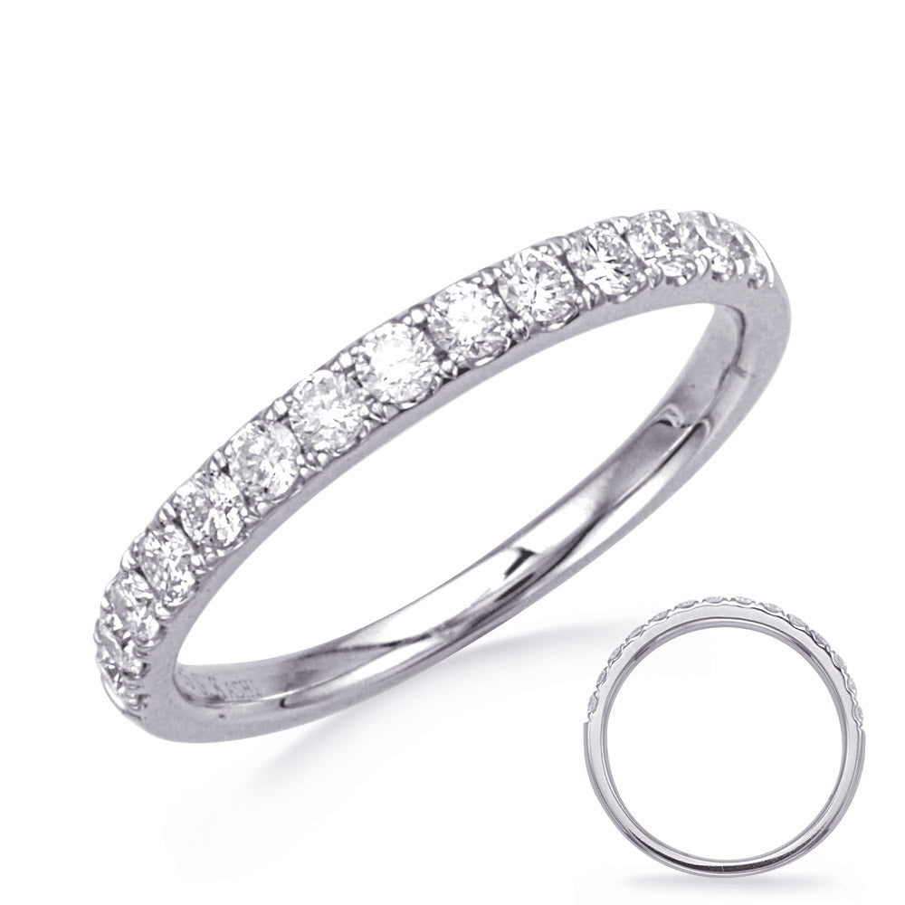 This Band is available in 14K White Gold. There are a total of 14 stones. There are Round with a total carat weight of 0.44 set in a Prong Set setting.