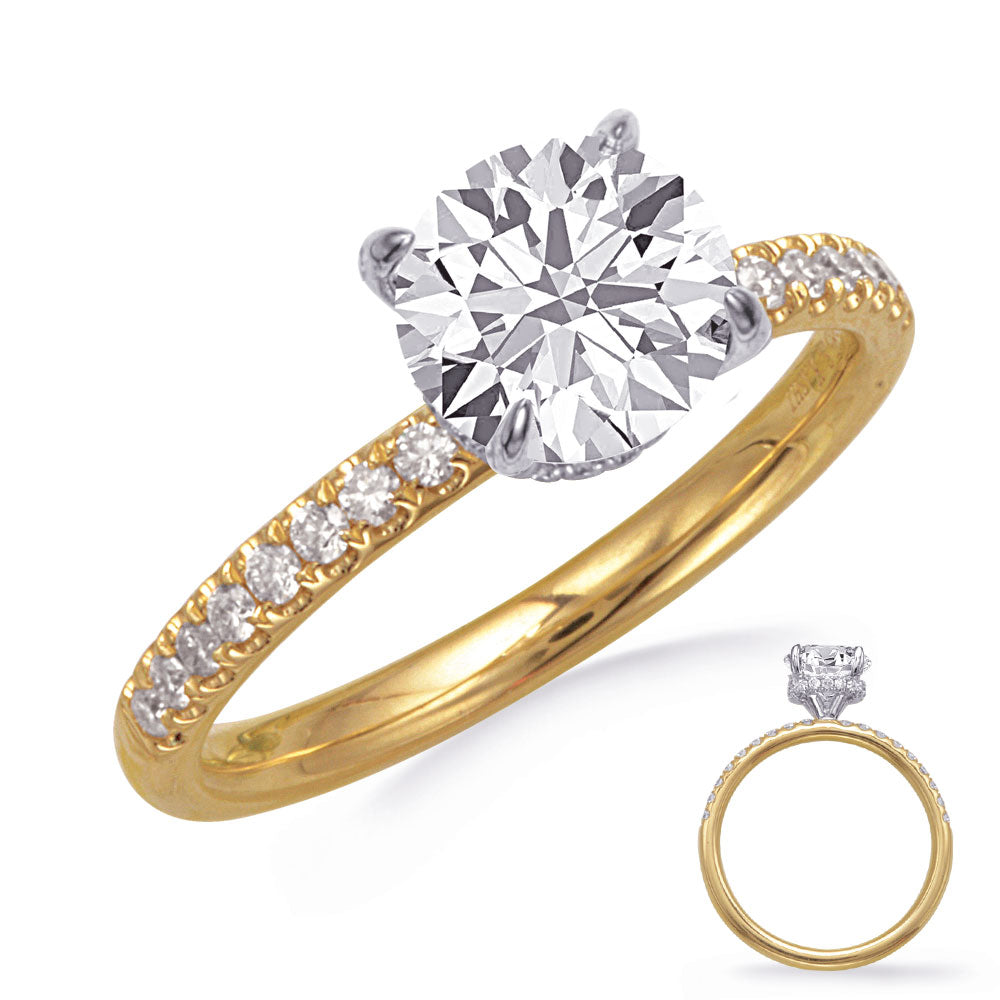 This Engagement Ring  is available in 14K Yellow & White Gold. There are a total of 38 stones. There are Rounds with a total carat weight of 0.45 set in a Prong Set setting.