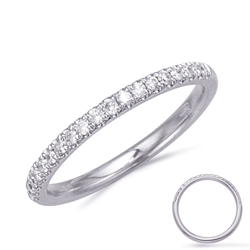 This Band is available in 14K White Gold. There are a total of 19 stones. There are Round with a total carat weight of 0.22 set in a Prong Set setting.