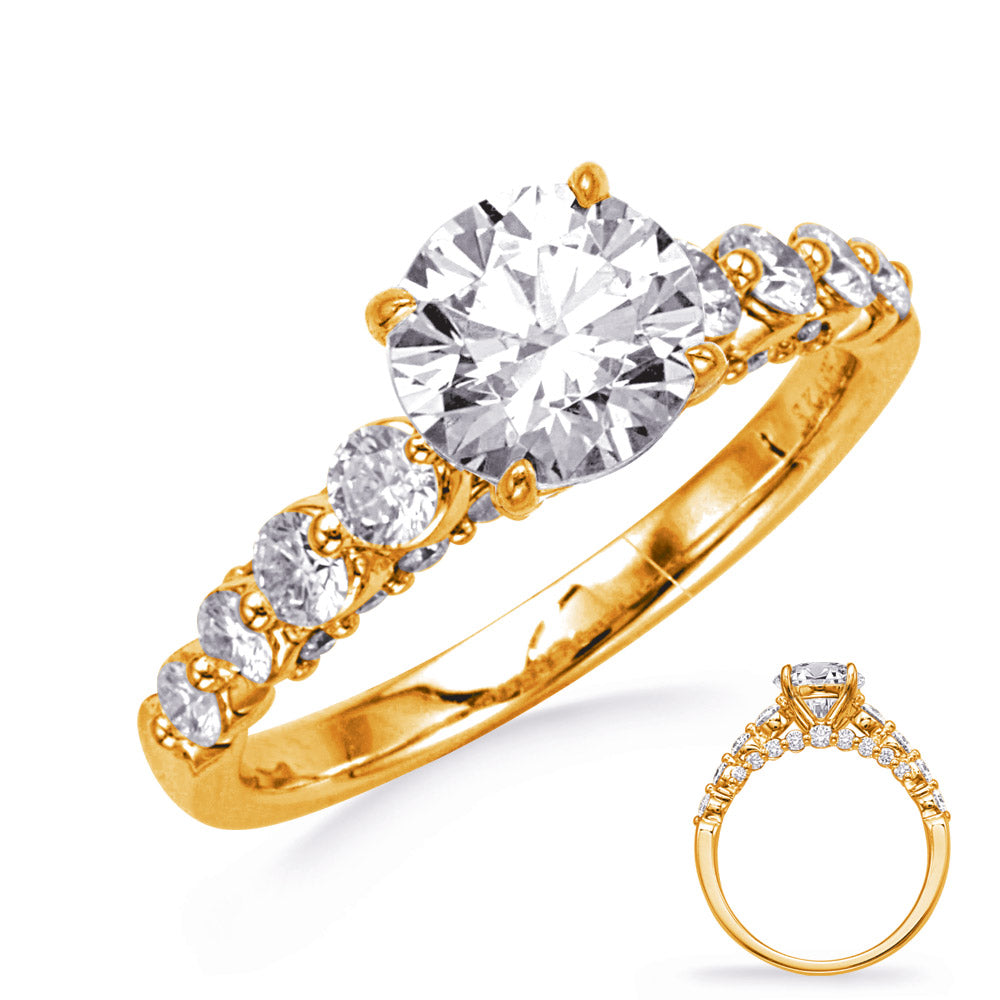 This Engagement Ring  is available in 14K Yellow Gold. There are a total of 26 stones. There are Rounds with a total carat weight of 0.73 set in a Micro Prong setting.