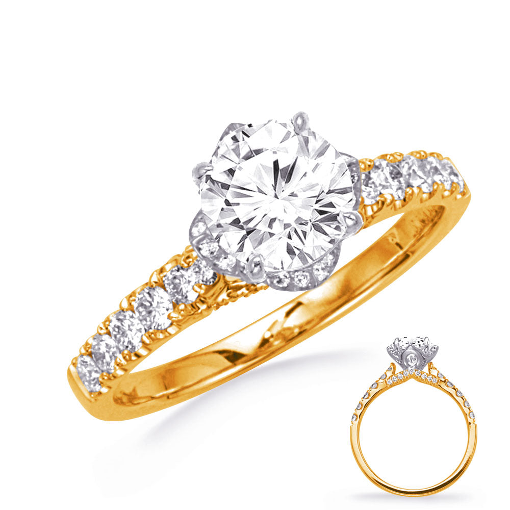 This Engagement Ring  is available in 14K Yellow & White Gold. There are a total of 46 stones. There are Rounds with a total carat weight of 0.43 set in a Micro Prong setting.