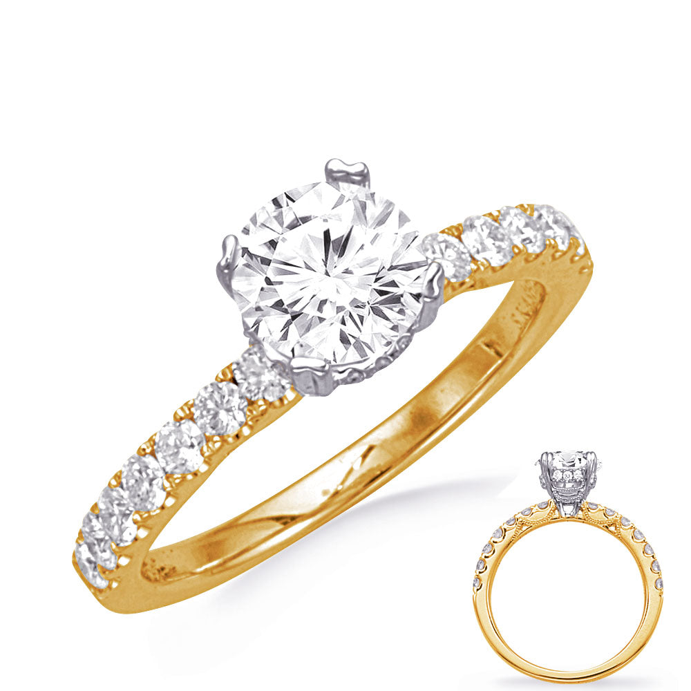 This Engagement Ring  is available in 14K Yellow & White Gold. There are a total of 24 stones. There are Rounds with a total carat weight of 0.65 set in a Micro Prong|Prong Set setting.