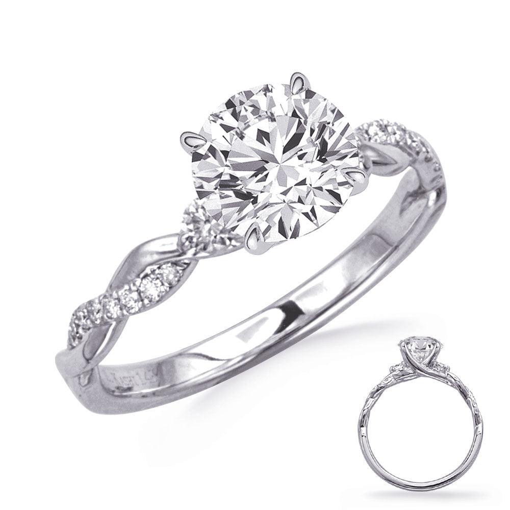 This Engagement Ring  is available in 14K White Gold. There are a total of 18 stones. There are Rounds with a total carat weight of 0.25 set in a Micro Prong setting.