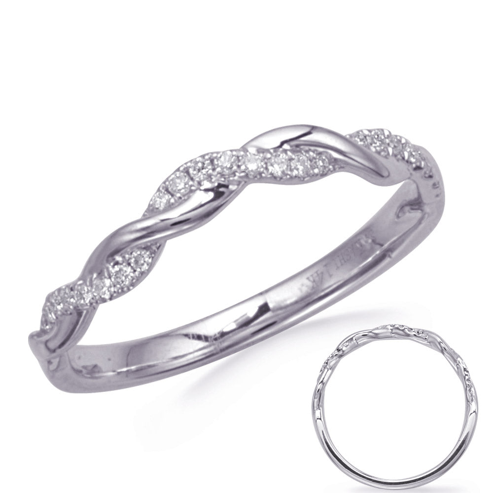 This Band is available in 14K White Gold. There are a total of 24 stones. There are Round with a total carat weight of 0.11 set in a Micro Prong setting.