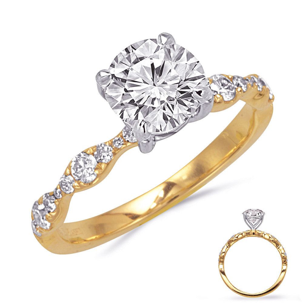 This Engagement Ring  is available in 14K Yellow & White Gold. There are a total of 20 stones. There are Rounds with a total carat weight of 0.32 set in a Prong Set setting.