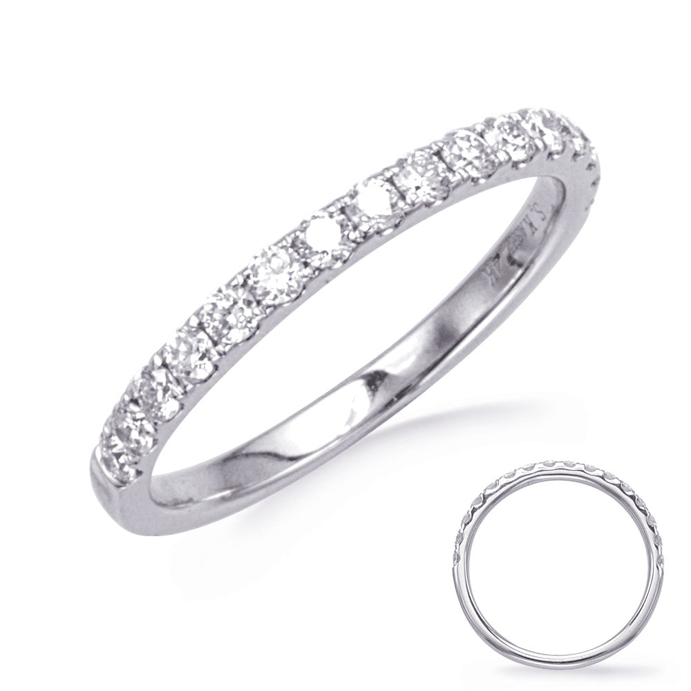 This Band is available in 14K White Gold. There are a total of 16 stones. There are Round with a total carat weight of 0.44 set in a Micro Prong setting.