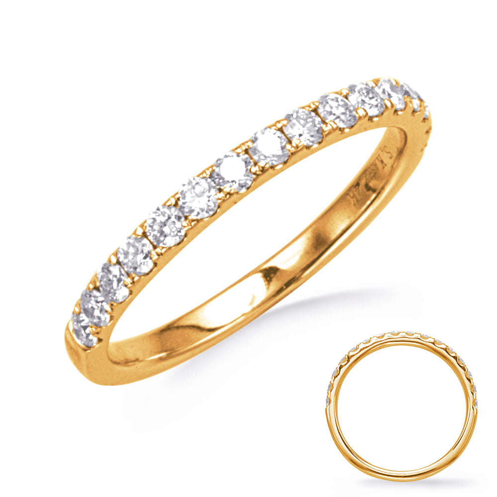 This Band is available in 14K Yellow Gold. There are a total of 16 stones. There are Round with a total carat weight of 0.44 set in a Micro Prong setting.