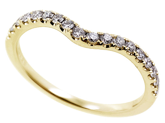 This Band is available in 14K Yellow Gold. There are a total of 18 stones. There are Round with a total carat weight of 0.26 set in a Prong Set setting.