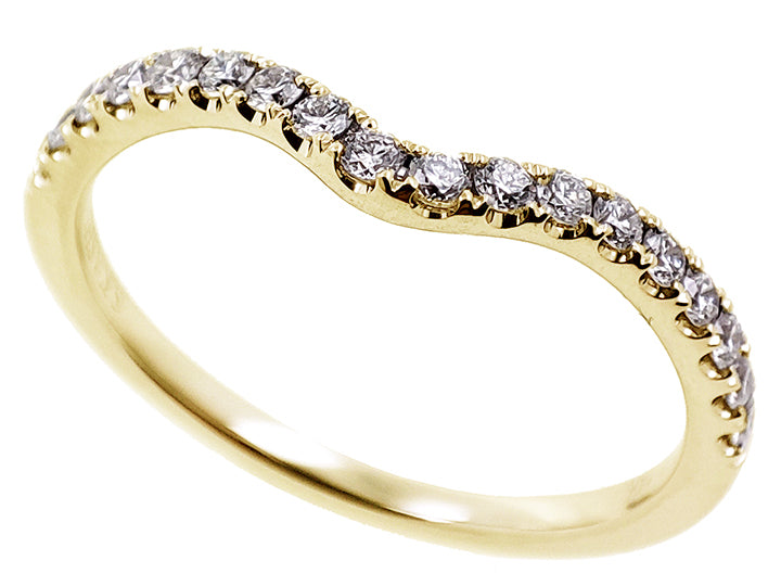This Band is available in 14K Yellow Gold. There are a total of 18 stones. There are Round with a total carat weight of 0.26 set in a Prong Set setting.