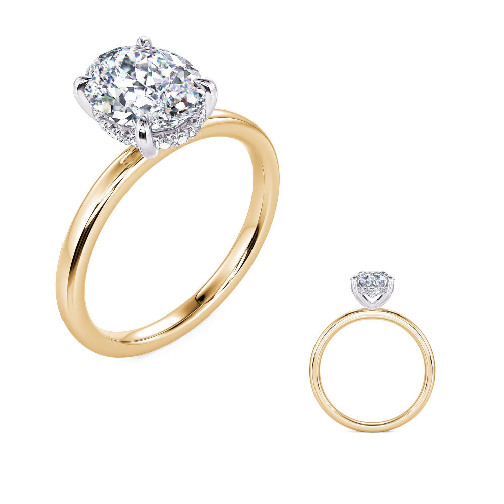 This Engagement Ring  is available in 14K Yellow & White Gold. There are a total of 18 stones. There are Rounds with a total carat weight of 0.09 set in a Micro Prong setting.