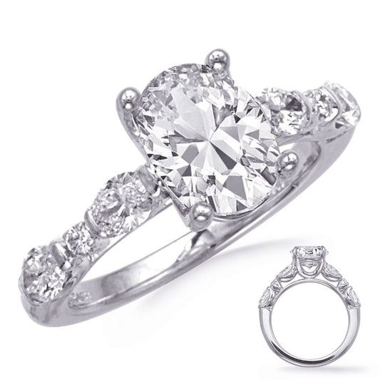 This Engagement Ring  is available in 14K White Gold. There are a total of 6 stones. There are Oval with a total carat weight of 0.75 set in a  setting.There are Rounds stones with a total carat weight of 0.05 set in a .