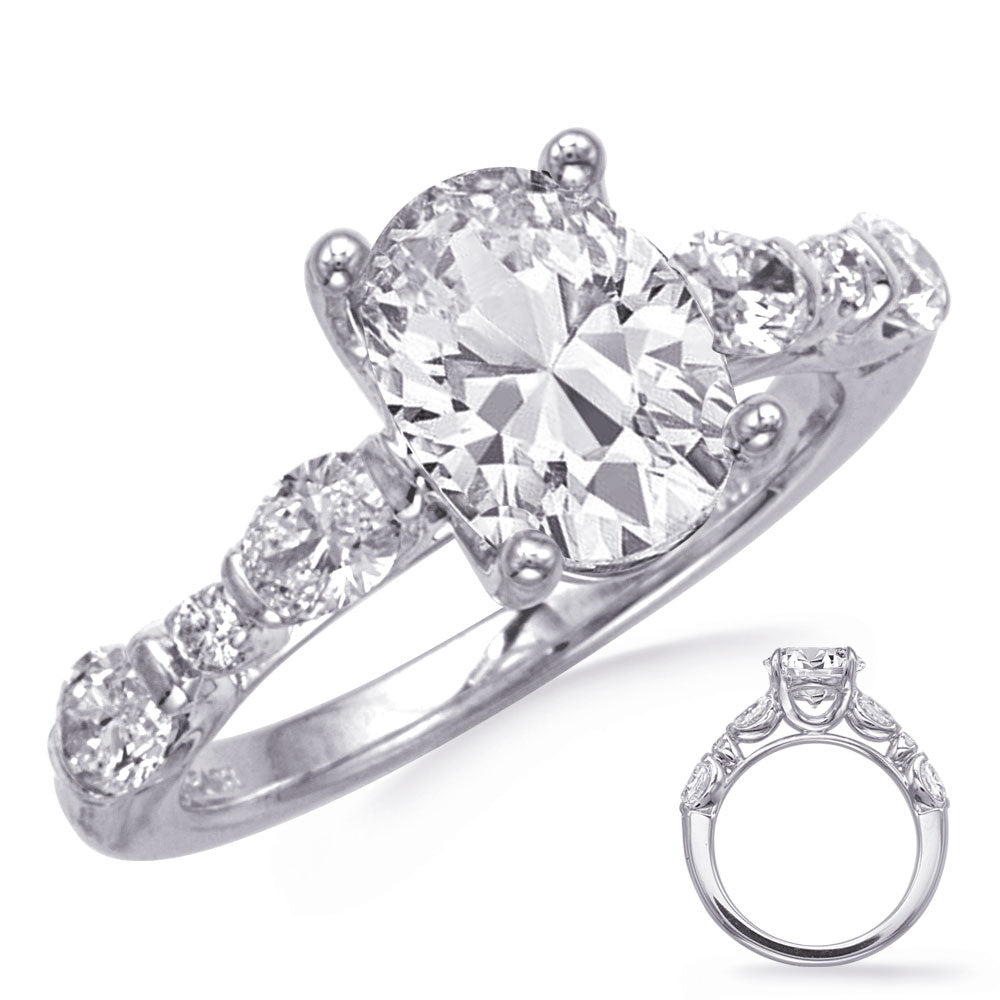 This Engagement Ring  is available in 14K White Gold. There are a total of 6 stones. There are Oval with a total carat weight of 0.75 set in a  setting.There are Rounds stones with a total carat weight of 0.05 set in a .