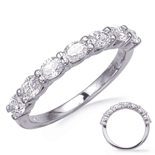 This Band is available in 14K White Gold. There are a total of 7 stones. There are Oval with a total carat weight of 1 set in a  setting.
