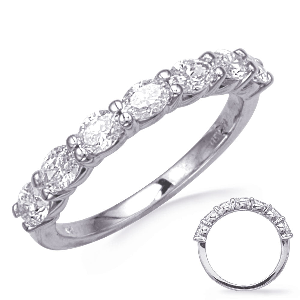 This Band is available in 14K White Gold. There are a total of 7 stones. There are Oval with a total carat weight of 1 set in a  setting.