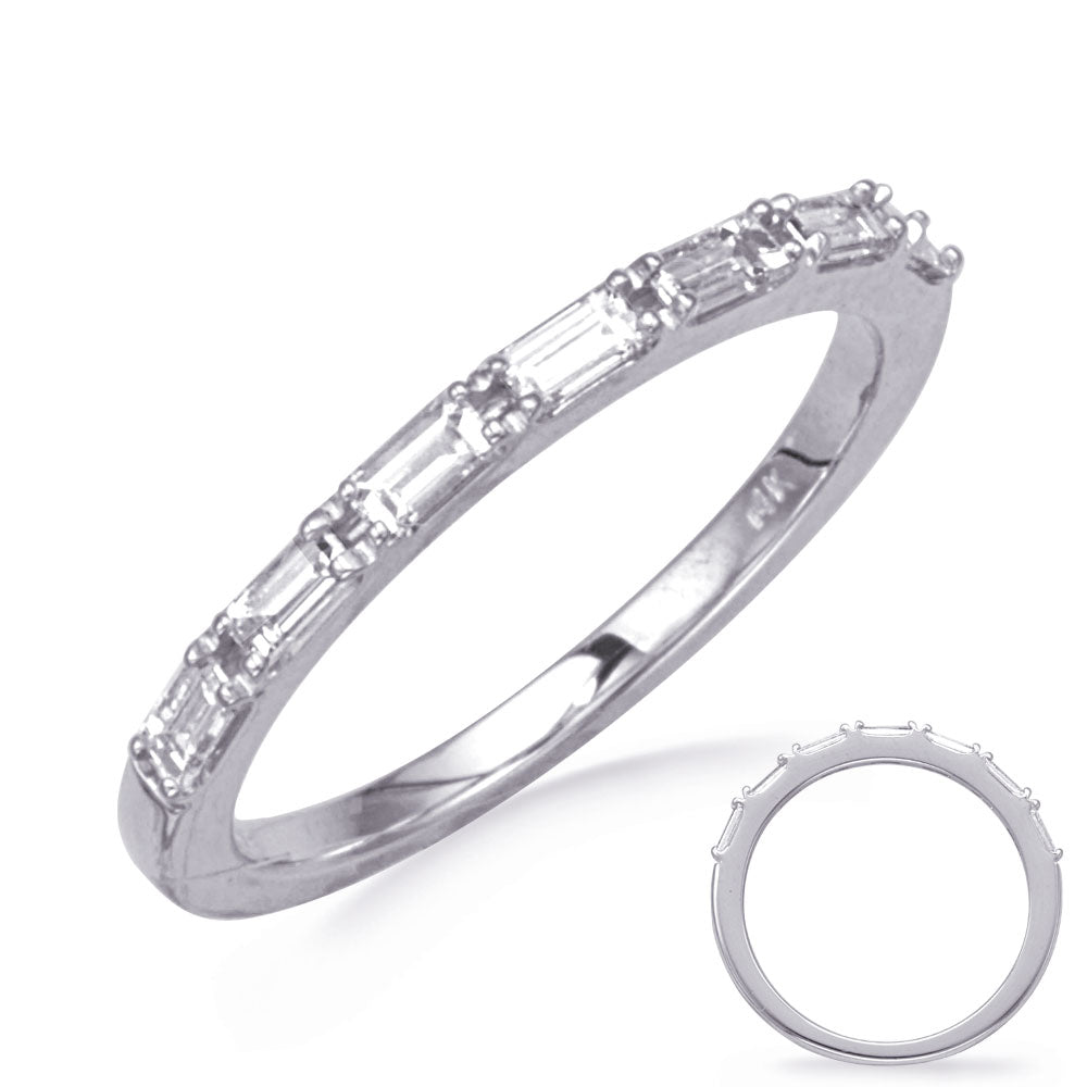 This Band is available in 14K White Gold. There are a total of 7 stones. There are Baguette with a total carat weight of 0.38 set in a  setting.