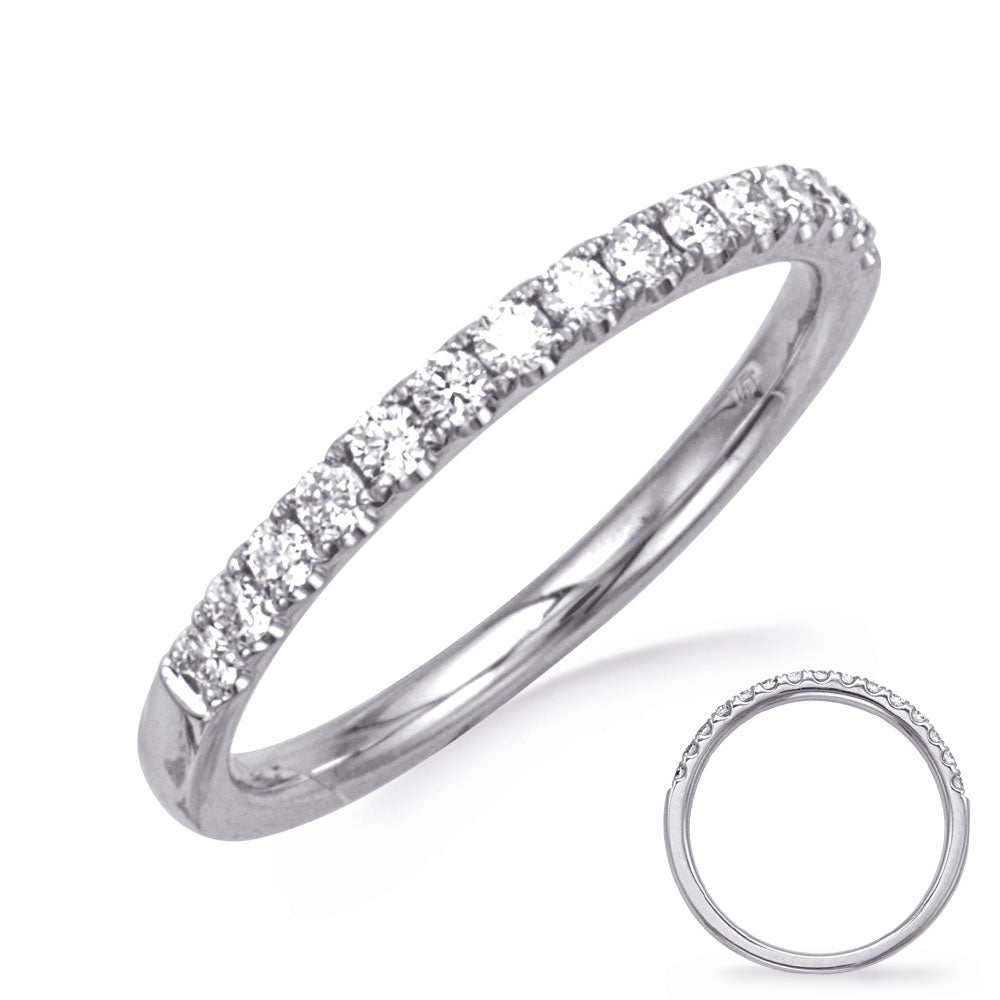 This Band is available in 14K White Gold. There are a total of 15 stones. There are Round with a total carat weight of 0.27 set in a Prong Set setting.