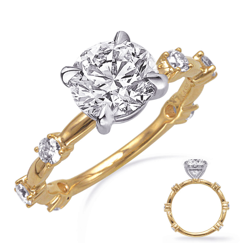 This Engagement Ring  is available in 14K Yellow & White Gold. There are a total of 6 stones. There are Rounds with a total carat weight of 0.39 set in a Prong Set setting.