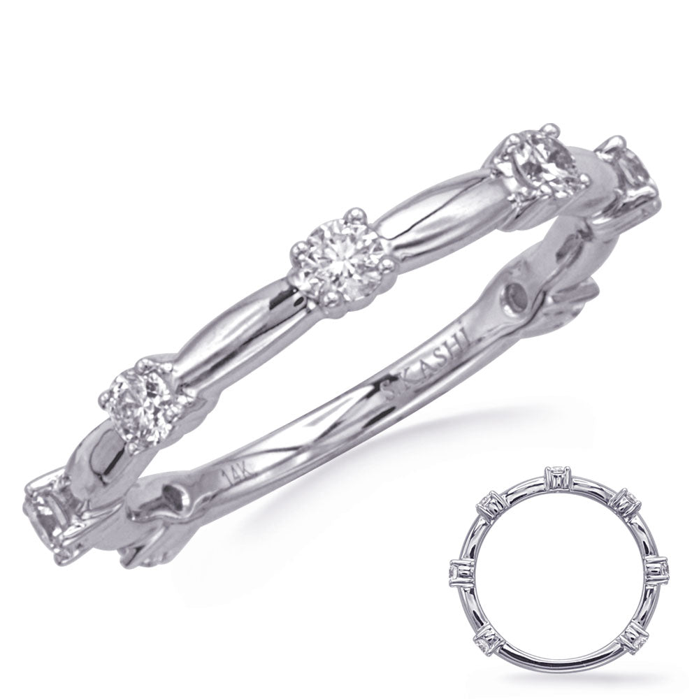 This Band is available in 14K White Gold. There are a total of 7 stones. There are Round with a total carat weight of 0.45 set in a Prong Set setting.