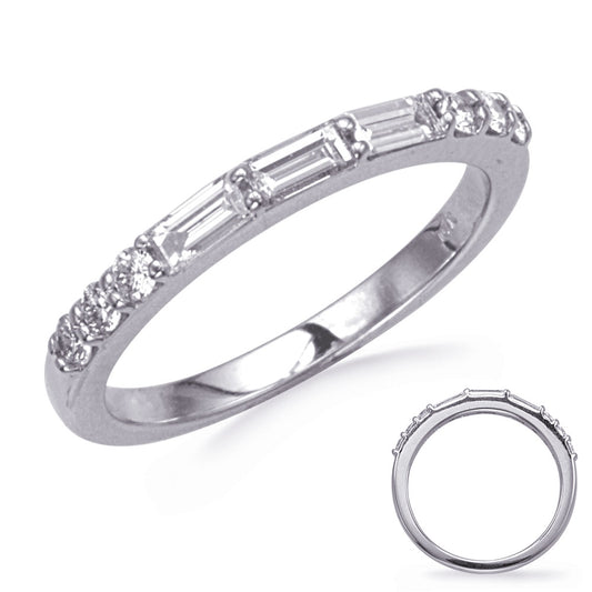 This Band is available in 14K White Gold. There are a total of 9 stones. There are Baguette with a total carat weight of 0.3 set in a  setting.There are Round stones with a total carat weight of 0.21 set in a .