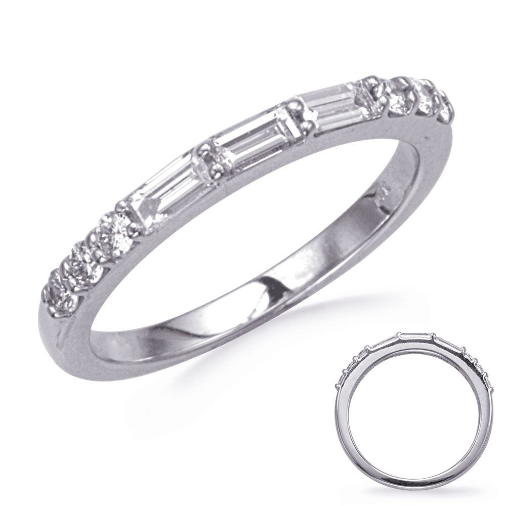 This Band is available in 14K White Gold. There are a total of 9 stones. There are Baguette with a total carat weight of 0.3 set in a  setting.There are Round stones with a total carat weight of 0.21 set in a .