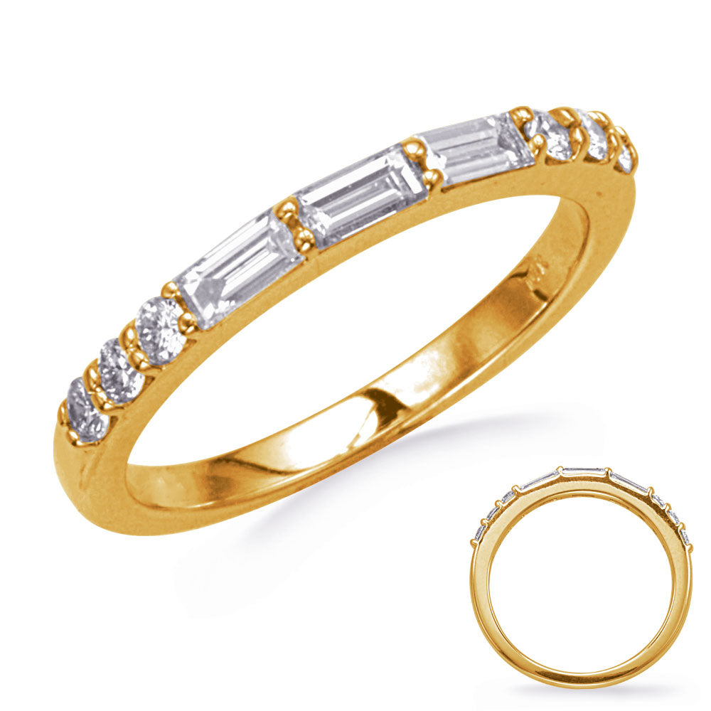 This Band is available in 14K Yellow Gold. There are a total of 9 stones. There are Baguette with a total carat weight of 0.3 set in a  setting.There are Round stones with a total carat weight of 0.21 set in a .