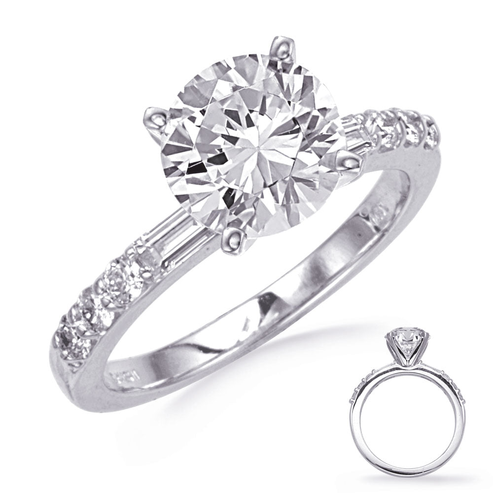This Engagement Ring  is available in 14K White Gold. There are a total of 8 stones. There are Baguette with a total carat weight of 0.2 set in a  setting.There are Rounds stones with a total carat weight of 0.21 set in a .