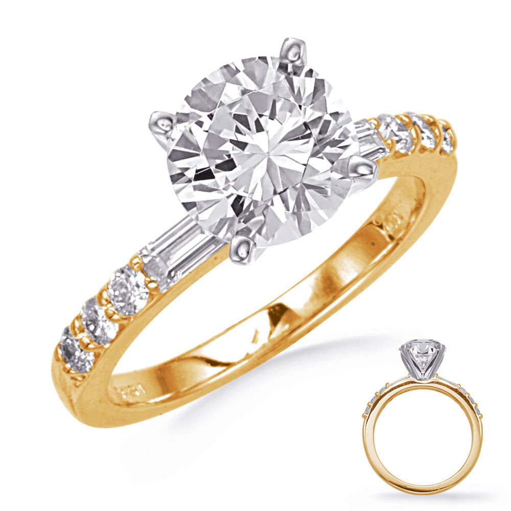 This Engagement Ring  is available in 14K Yellow Gold. There are a total of 8 stones. There are Baguette with a total carat weight of 0.2 set in a  setting.There are Rounds stones with a total carat weight of 0.21 set in a .