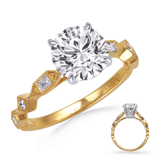 This Engagement Ring  is available in 14K Yellow & White Gold. There are a total of 16 stones. There are Baguette with a total carat weight of 0.15 set in a Channel Set|Micro Prong setting.There are Rounds stones with a total carat weight of 0.05 set in a Channel Set|Micro Prong.