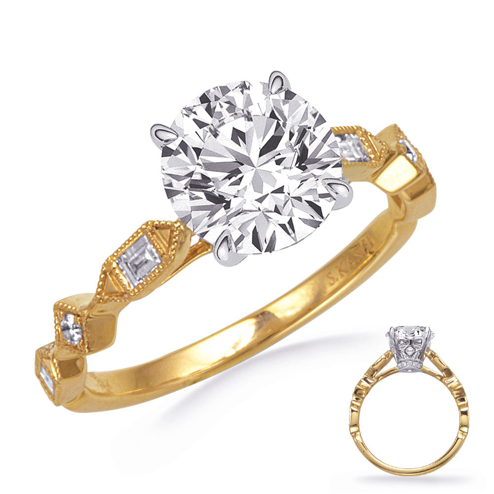 This Engagement Ring  is available in 14K Yellow & White Gold. There are a total of 16 stones. There are Baguette with a total carat weight of 0.15 set in a Channel Set|Micro Prong setting.There are Rounds stones with a total carat weight of 0.05 set in a Channel Set|Micro Prong.