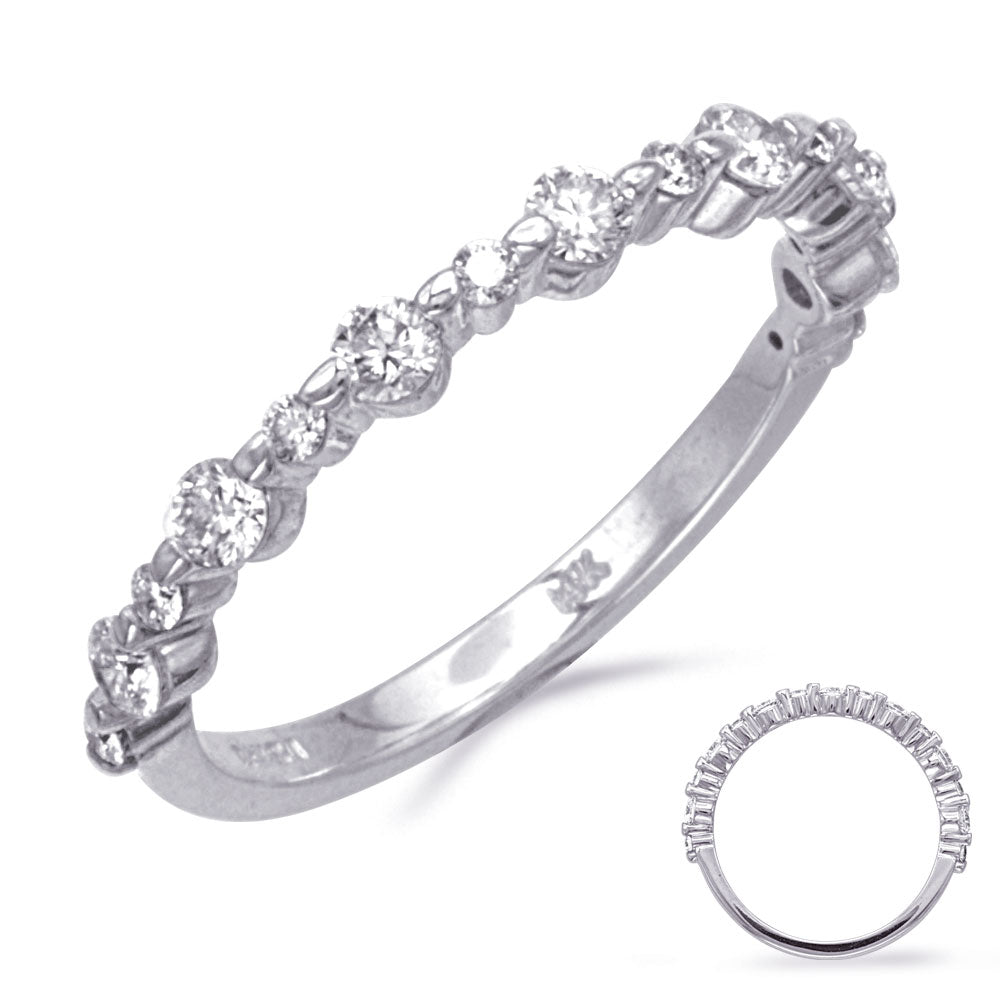 This Band is available in 14K White Gold. There are a total of 15 stones. There are Round with a total carat weight of 0.45 set in a Shared Prongs setting.