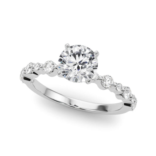 This Engagement Ring  is available in 14K White Gold. There are a total of 14 stones. There are Rounds with a total carat weight of 0.4 set in a Shared Prongs setting.